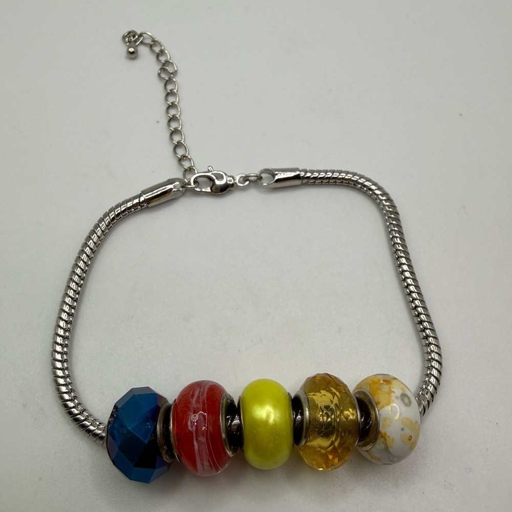 Pandora Style Bracelet w/ 5 Glass Beads 925 Sterling Cores 8” + 2” Ext